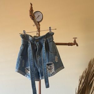 Denim paper bag shorts, high waisted, distressed